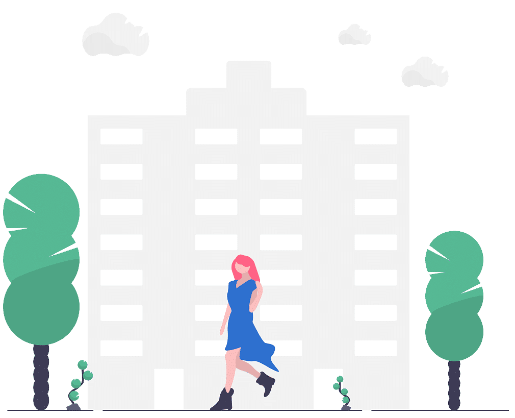 picto une femme qui marche devant un immeuble