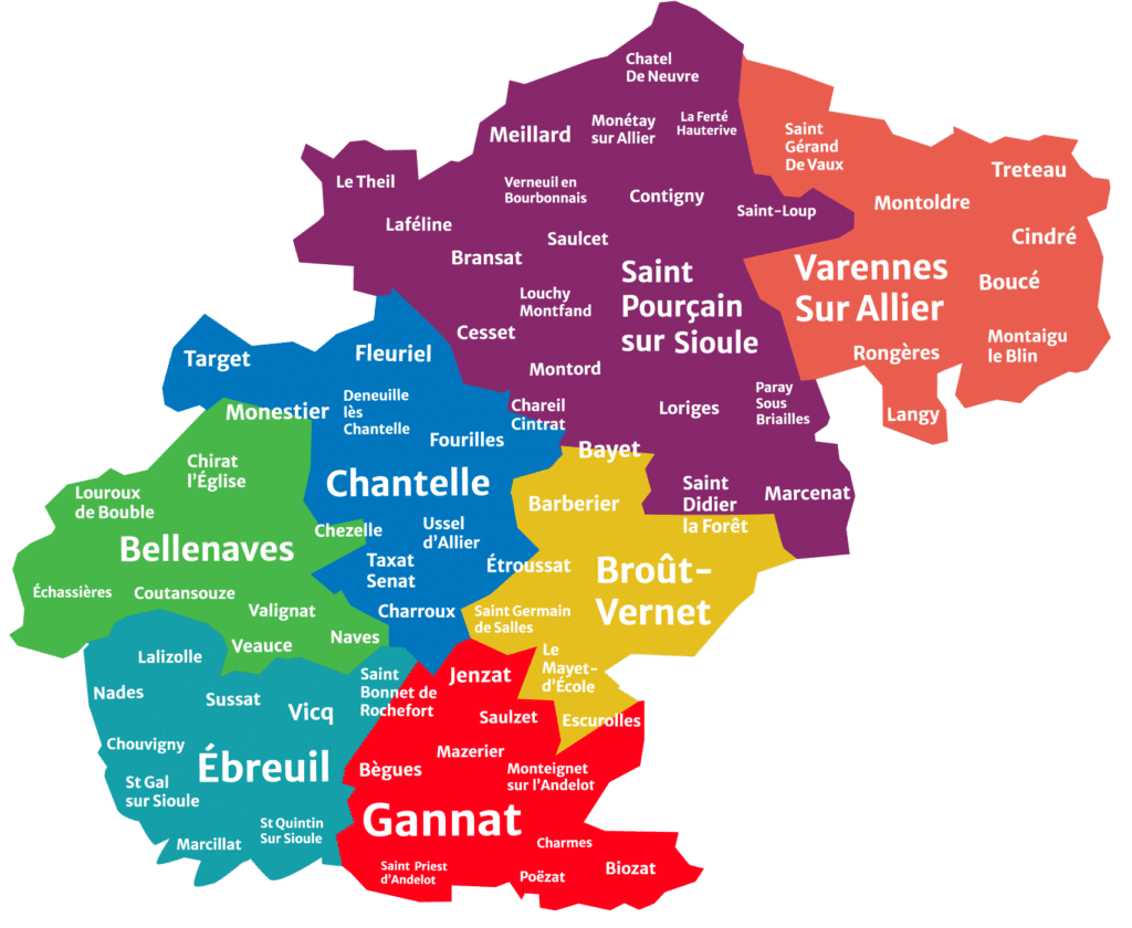 carte de la CPTS Sud Allier avec les zones des maisons de santé